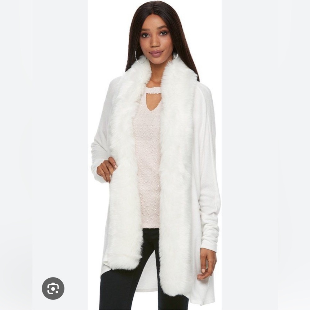 Jennifer Lopez, Fur Trimed Long Cardigan, Open Front, Size Large, White